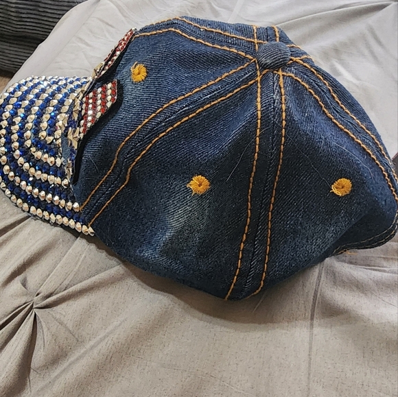 USA Jewel Studded Baseball Cap Star Bling Rhinestone Distressed Jean Denim Hat - Picture 4 of 5